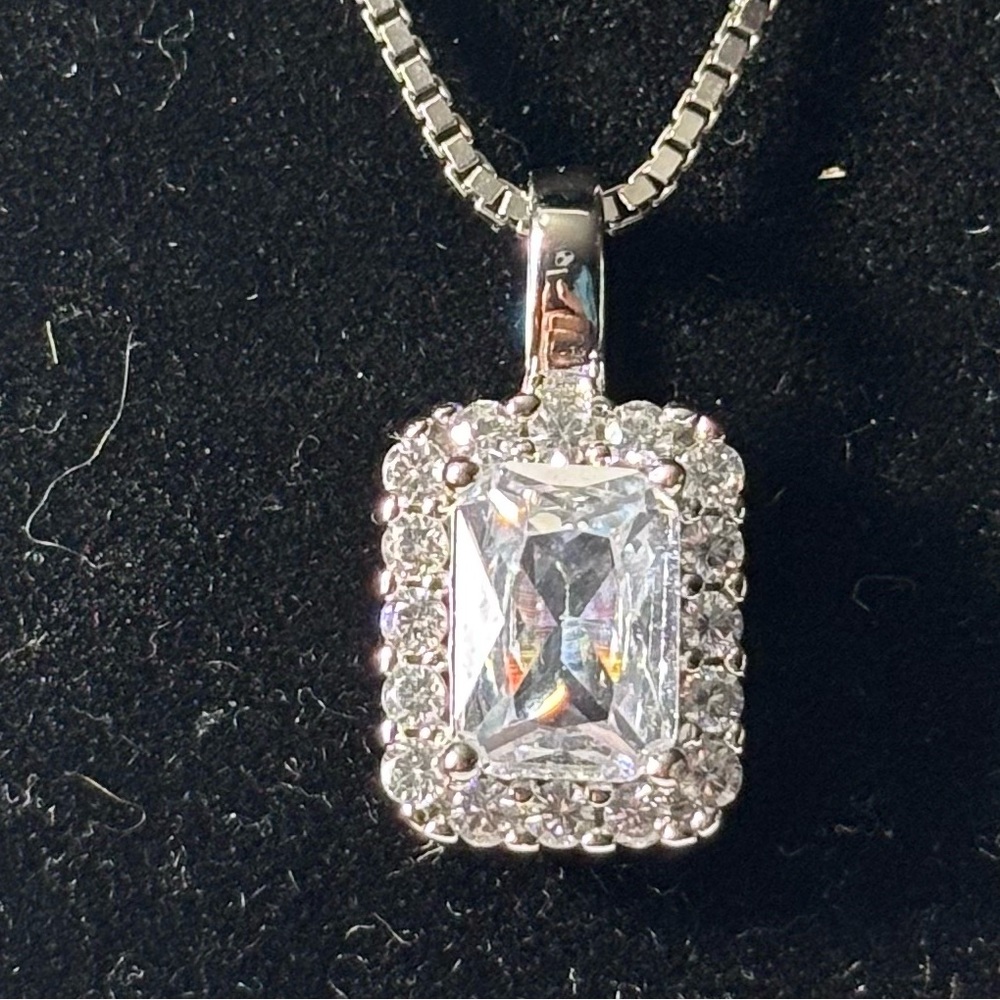 NEW Radiant Cut Halo Pendant Necklace in Sterling Silver